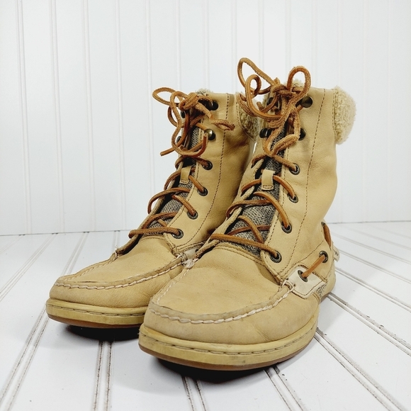 Sperry Top-sider Tall Women Tan Leather Fur Non-Marking Lace Up Ankle Boots B373 - Picture 2 of 12